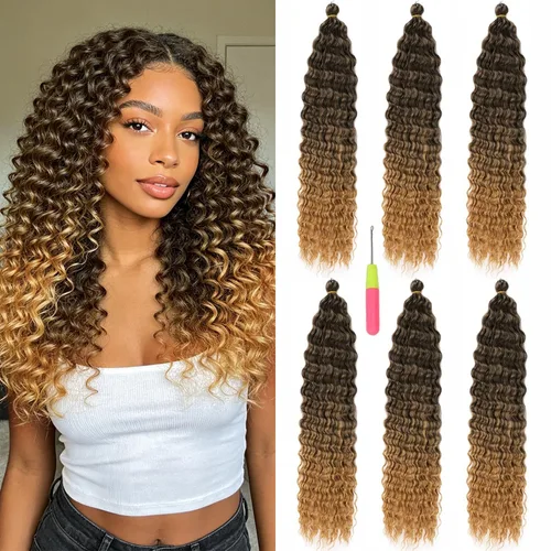 Miniatura 11 de MAYSA Extensiones de cabello sintético de ganchillo con ondas oceánicas, color 4 marrón, 22 pulgadas, rizado trenzado, extensiones de cabello
