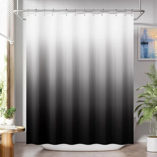 AmazerBath Cortina de ducha, juego de cortina de tela ombre negra con 12 ganchos, cortina de ducha lavable de tela en negro y blanco, cortina de