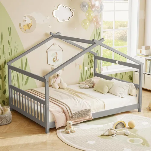 Miniatura 10 de KOMFOTT Cama de Casa de Madera Twin para Niños, Marco de Cama de Piso de Perfil Bajo con Techo, Cabecera y Pie de Cama para Niños y Niñas, No