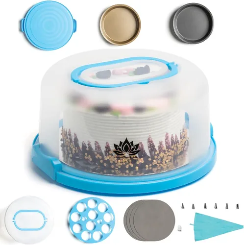 Porta pasteles con tapa y asa, contenedor de almacenamiento de pasteles de 10" con accesorios para hornear, soporte para pasteles con bandeja para