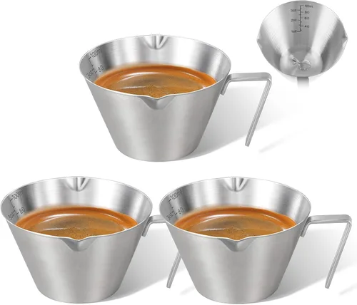 Miniatura 18 de 2 piezas de tazas de espresso de acero inoxidable con asa, taza medidora de metal de doble boquilla con doble escala, taza de espresso con boca