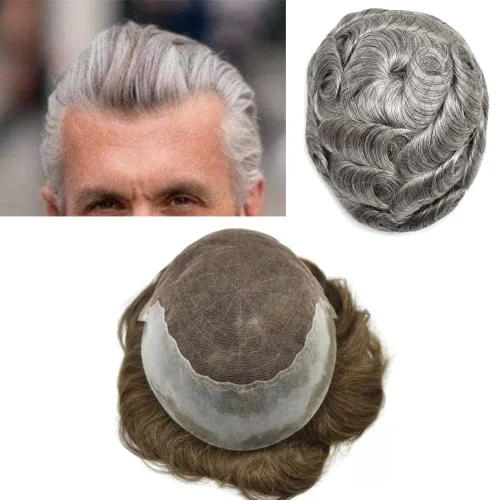 Miniatura 79 de Mens Toupee Swiss Lace Mens Hair Piece Sistema de reemplazo de cabello para hombres Toupee para hombres Cabello humano nudo blanqueado protesis