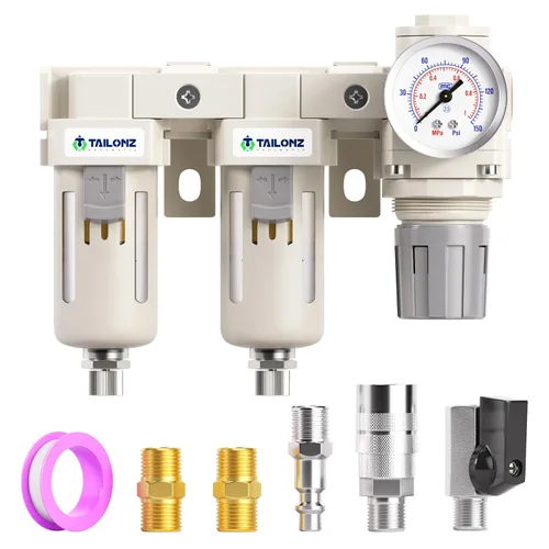 Miniatura 18 de TAILONZ PNEUMATIC Regulador de presión de filtro de aire de drenaje automático NPT de 1/4 de pulgada Combo Piggyback, filtro compresor