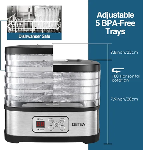 Miniatura 5 de OSTBA Máquina deshidratadora de alimentos con temperatura ajustable y temporizador de 72 horas, deshidratadores de 5 bandejas para alimentos