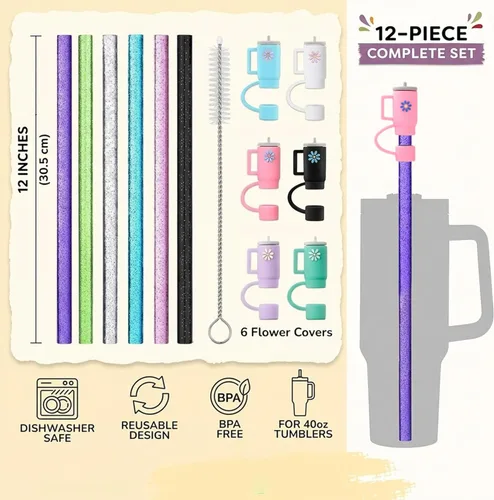 Miniatura 2 de 12 paquetes de pajitas brillantes de repuesto y fundas para taza de viaje Stanley Adventure de 40 oz, pajitas brillantes reutilizables con cepillo
