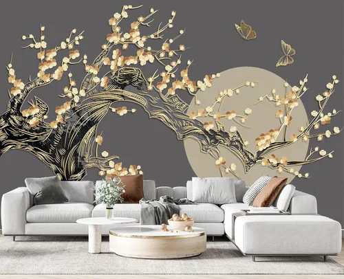 Miniatura 2 de Papel tapiz de pared con diseño de mariposas y luna de ramas doradas, para dormitorio, 178 x 117 pulgadas (no despegar ni pegar)