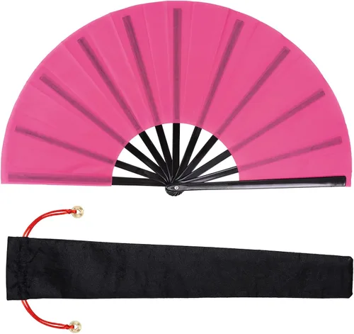 Miniatura 10 de Nydotd Paquete de 1 abanico grande de mano plegables de nailon plegable con funda de soporte para hombres y mujeres, línea de actuación, danza, kung