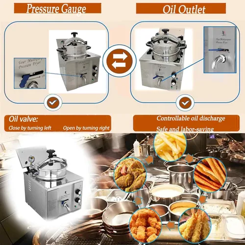 Miniatura 4 de Macheine de pollo frito comercial de alta presión de 16L, máquina de freír eléctrica de cocina profunda con canasta, freidora de presión de acero