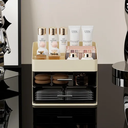 Miniatura 4 de Organizador de maquillaje para tocador, organizador de tocador con 2 cajones, organizadores de maquillaje y cuidado de la piel, vitrina de Crema
