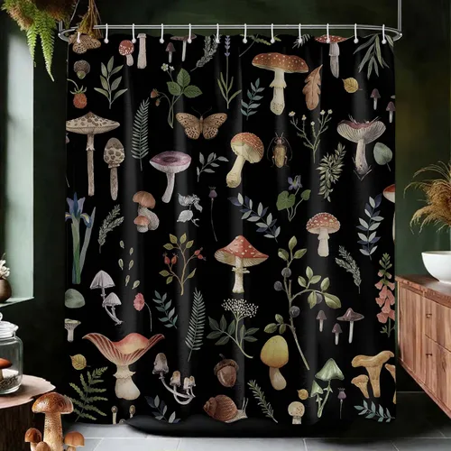 Miniatura 15 de Cortina de ducha de hongos, bonito juego de cortinas de ducha de hongos negros para decoración de baño, tela de poliéster impermeable con ganchos
