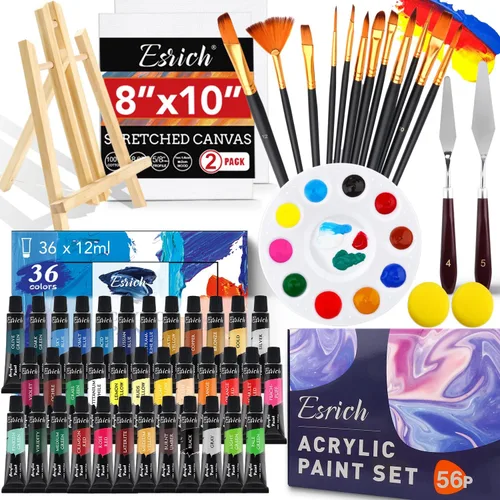 Miniatura 10 de ESRICH Juego de pintura acrílica, suministros de pintura con 2 piezas de pintura acrílica de 12 colores, 1 caballete, 3 lienzos, 30 pinceles y 3