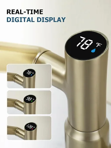 Miniatura 4 de Lefton Grifo giratorio para baño con pantalla de temperatura en Fahrenheit (sin baterías), 3 modos de agua, oro cepillado, BF2204-6