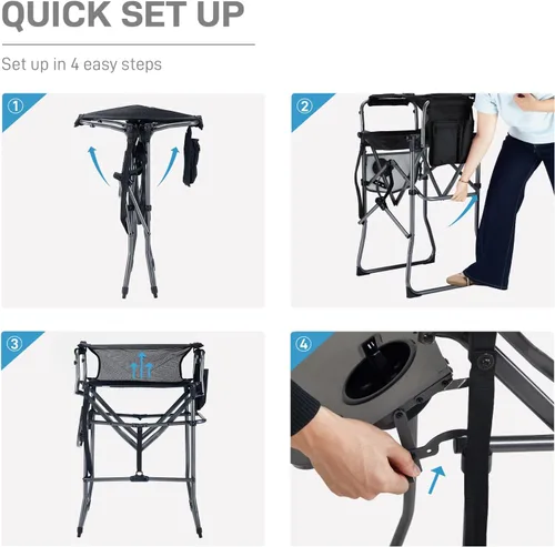 Miniatura 8 de EVER ADVANCED Silla alta de textileno para campamento, silla de directores de malla, taburete de bar plegable alto con mesa auxiliar para Malla Negra