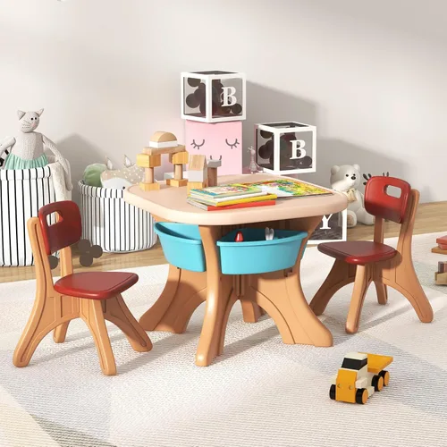 Miniatura 3 de DORTALA Juego de mesa y silla para niños, mesa de actividades de plástico para niños y 2 sillas con cubos de almacenamiento, mesa y sillas para Café