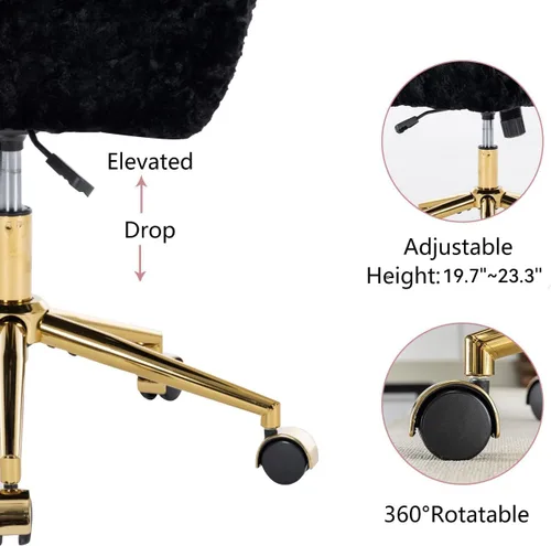 Miniatura 8 de Henf Silla de escritorio tapizada en piel sintética negra para maquillaje con base dorada, silla giratoria de oficina, silla de computadora