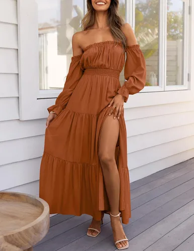 Miniatura 121 de ZESICA - Vestido largo, bohemio y sexy, con hombros descubiertos y manga larga fruncida, con elástico fruncido, cintura alta y abertura lateral