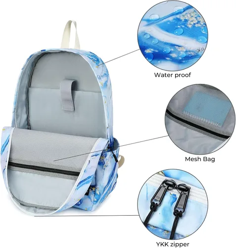 Miniatura 4 de Imyth Mochila para adolescentes y niñas, regalo escolar, bolsa de almuerzo, bolsa de lápices 3 en 1 (azul mármol)