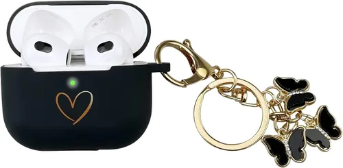 Funda compatible con AirPods 3 2021, funda de silicona suave con patrón de corazón dorado para AirPods de 3ª generación con bonito llavero de Negro