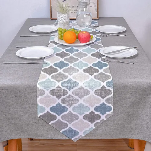 Miniatura 4 de Camino de mesa Marruecos de 36 pulgadas de lino y algodón, diseño geométrico marroquí a cuadros azul y gris, decoración de mesa de granja, bufandas