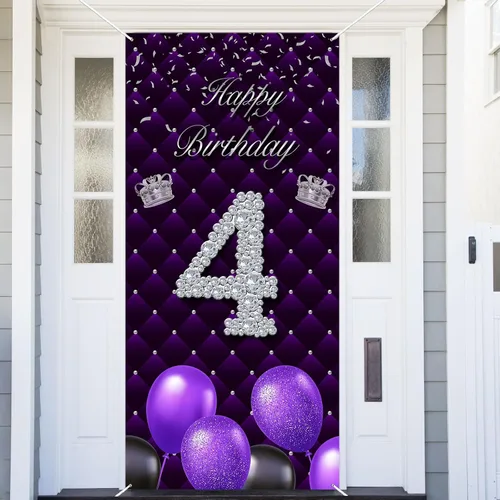 Miniatura 38 de Cartel morado de feliz primer cumpleaños telón de fondo para cabina de fotos, globos de corona plateada, decoración temática para niña, aniversario