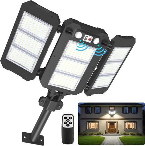 Luces solares de inundación para exteriores, 7000 LM luces solares de brazo de aluminio súper brillantes, 6000 mAh, control remoto, luces LED con