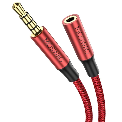 MOSWAG Cable de extensión macho a hembra de 0.138 in con adaptador de audio estéreo de micrófono, nailon trenzado, compatible con estéreo de Rojo