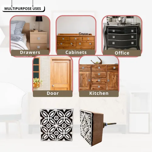 Miniatura 5 de Hashcart Pomos de madera para gabinetes de cocina, juego de 6 pomos tallados a mano con diseño floral para gabinete y cajón, color marrón