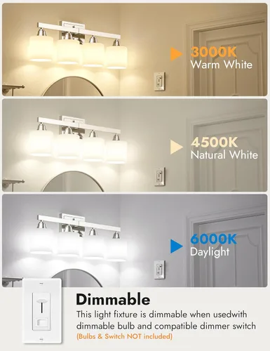 Miniatura 5 de VOLISUN Accesorios de iluminación de baño de níquel cepillado, 4 luces de cambiador de baño sobre espejo, lámpara de tocador moderna para baños