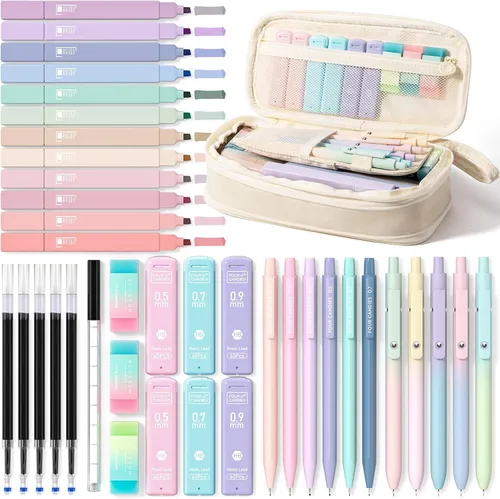 Miniatura 12 de Four Candies 39 piezas de suministros escolares estéticos con bonito estuche para bolígrafos, 12 resaltadores pastel, 5 bolígrafos de gel de tinta