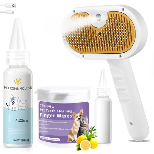 Miniatura 12 de Juego de cepillos de vapor para mascotas 3 en 1 para perros y gatos, peine de aseo con aerosol, herramienta de desfurado, depilación asistida por