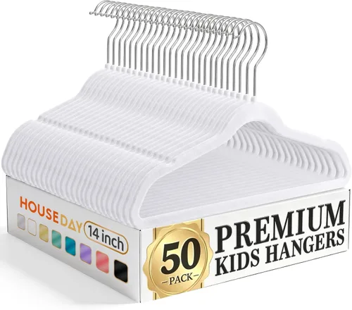 Miniatura 21 de HOUSE DAY Perchas de terciopelo para bebés de 11 pulgadas, paquete de 50 perchas color beige de primera calidad para niños, ropa de bebés y niños