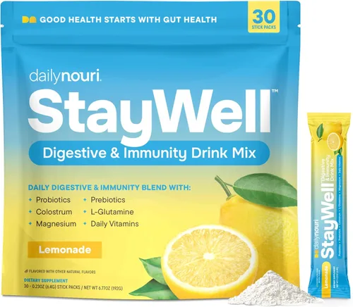 DAILYNOURI StayWell - Mezcla de bebida digestiva e inmunitaria | Apoya la salud intestinal, la digestión, la inmunidad y la energía | Probióticos,
