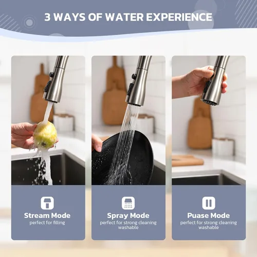Miniatura 7 de WEWE Grifo de fregadero de cocina con dispensador de jabón, grifo de cocina con rociador extraíble, 3 modos de acero inoxidable, mango único, Níquel