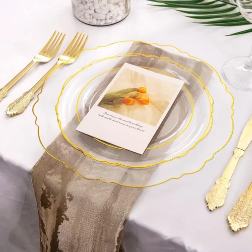 Miniatura 7 de WDF 100 platos de plástico desechables transparentes con ribete dorado, color dorado transparente barroco, incluye 50 platos llanos de 10.25 Claro
