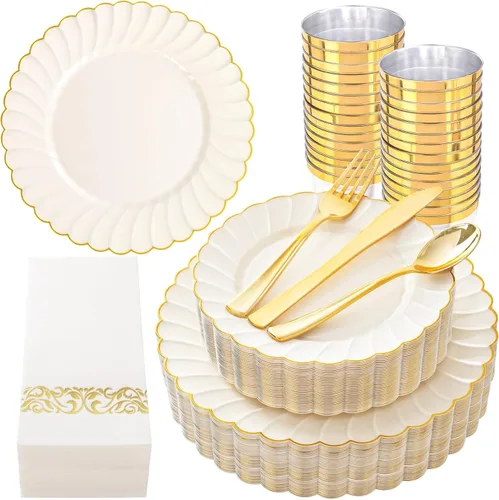 Miniatura 11 de YOUBET - 350 piezas de platos de plástico negro y dorado - Juegos de vajilla desechable dorada para 50 invitados - 100 platos de plástico, 150