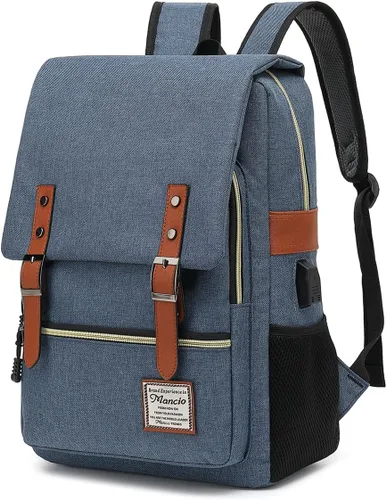 Miniatura 9 de Mancio Mochila vintage delgada para laptop para mujeres y hombres, bolsa universitaria de negocios resistente a desgarros con puerto de carga USB