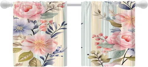 Miniatura 159 de Shrahala Beige and Orange Abstract Art Brushstrokes Blackout Curtain Tiers, Abstract Oil Paint Kitchen Valance Light Blocking Tier Drapes with Rod