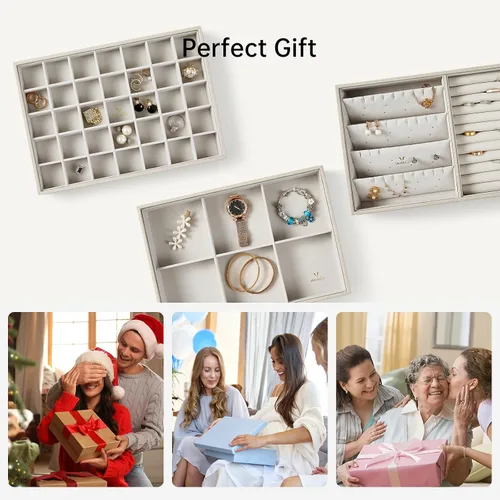 Miniatura 6 de VEE&CO. Bandeja apilable de joyería para cajón, organizador de joyas de alta capacidad, soporte para collar y aretes, regalo para mujeres y niñas, 3