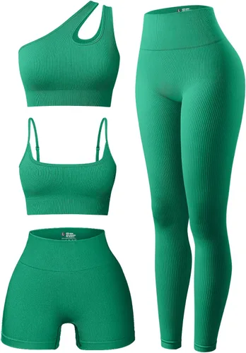 OQQ Conjunto deportivo de 4 piezas para mujer, acanalado, con cuello redondo, con un hombro, pantalones cortos de cintura alta, leggings