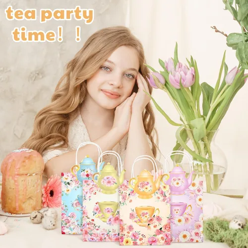 Miniatura 7 de Lincia Paquete de 24 bolsas de regalo de fiesta de té, decoraciones de tazas de té, bolsas florales para golosinas con asas y diseño de tetera