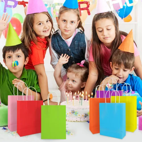 Miniatura 6 de YADIAN 12 bolsas de regalo de papel kraft con asa, bolsas de regalo azules de tamaño pequeño para Halloween, Navidad, cumpleaños, bodas