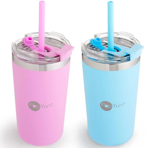 Miniatura 17 de PopYum - Vasos de acero inoxidable para niños, 9 onzas, morado, rosa, paquete de 2 Aislado, aspiradora de doble pared, tapa y pajilla, apilable, a