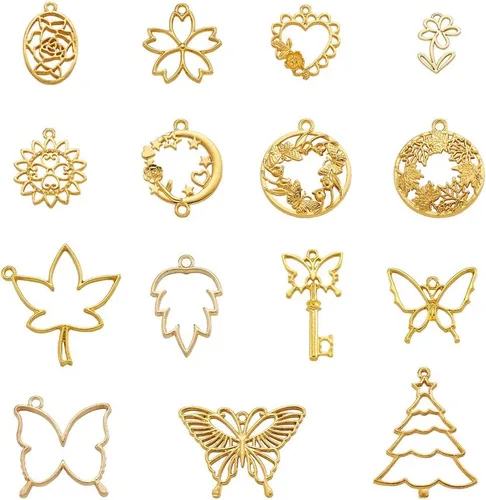 Miniatura 25 de Cheriswelry Colgantes de bisel de aleación de oro surtidos con parte trasera abierta, diseño de hoja de flor, corazón, metal, marco hueco, molde