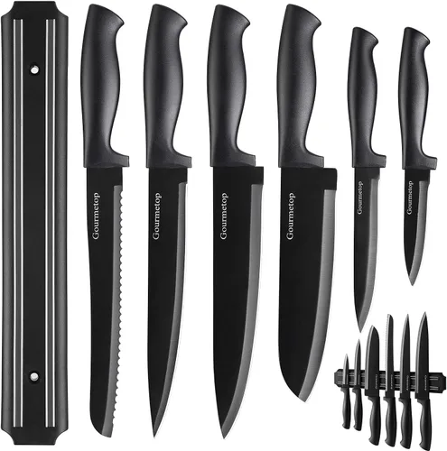 Gourmetop Juego de cuchillos de cocina con tira magnética sin taladrar para cocina, cuchillos de cocina pequeños de titanio negro, juego de Negro -