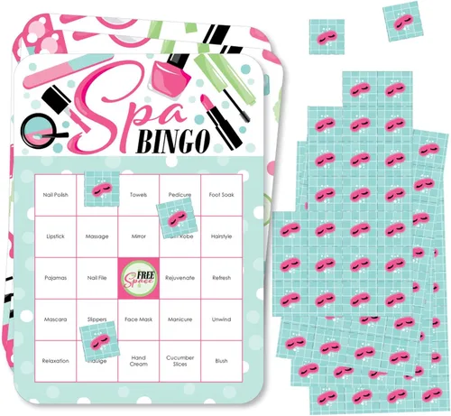 Big Dot of Happiness Spa Day - Tarjetas de bingo y marcadores - Juego de bingo de fiesta de maquillaje - Juego de 18