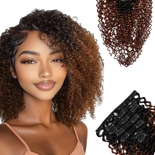 Miniatura 14 de SIYUSI Extensiones de Clip Kinky Straight, 100% Cabello Humano Remy Brasileño con Clips, Clips Invisibles Aptos para el Cuero Cabelludo, Marrón
