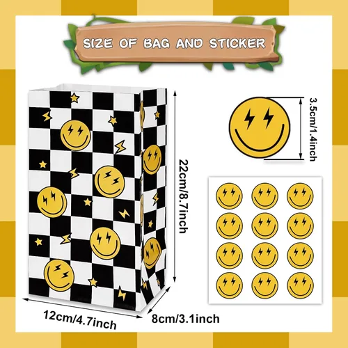 Miniatura 2 de AnyDesign 24 bolsas de regalo para fiesta de cumpleaños de un día feliz, bolsas de regalo con etiquetas adhesivas, bolsas de regalo a cuadros