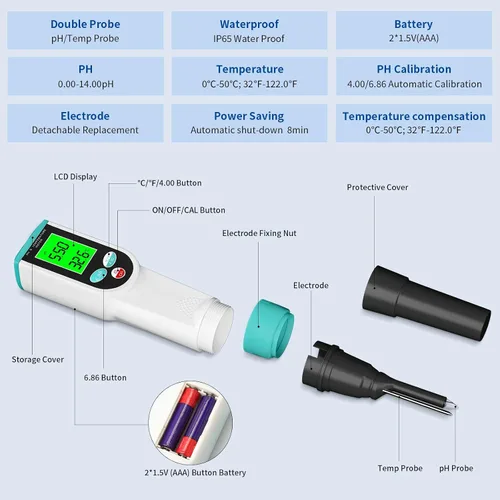 Miniatura 3 de Medidor de pH de alimentos, probador digital de pH impermeable con sonda de pH/temperatura de alta precisión, ideal para masa madre, queso, muestras