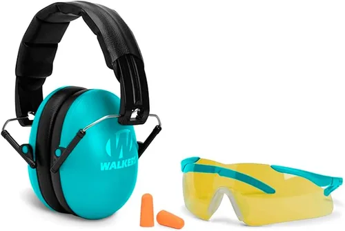WALKER'S Diadema acolchada plegable de perfil bajo para jóvenes y mujeres, orejeras de protección auditiva ajustable Kit combinado verde azulado