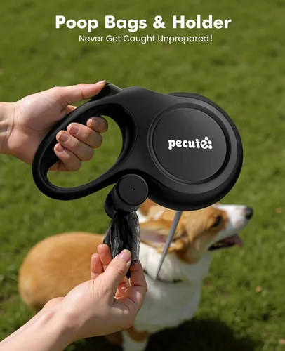 Miniatura 7 de Correa retráctil para perro de 26 pies, correa retráctil resistente para mascotas con soporte para bolsa de excrementos, agarre suave